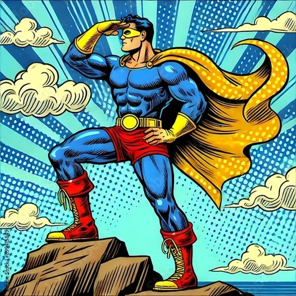 Fototapeta A retro pop art style vector illustration of a superhero standing on a rock while looking at far away with his hand