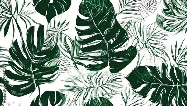 Fototapeta Tropical leaf line art background vector. Natural monstera palm leaves and orchid flower pattern design in minimal linear contour style. Design for fabric, print, cover, banner, decoration, wallpaper.