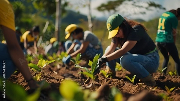 Fototapeta A group of volunteers planting trees in a reforestation project.