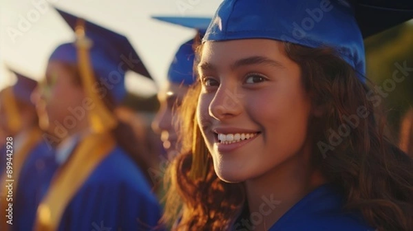 Fototapeta A young graduate in a blue cap and gown, smiling proudly at her graduation ceremony.