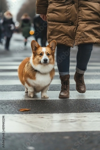 Fototapeta A corgi walking on a city street alongside its owner, capturing the essence of urban pet life.