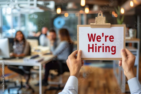 Fototapeta A close-up of a hand holding a we're hiring sign