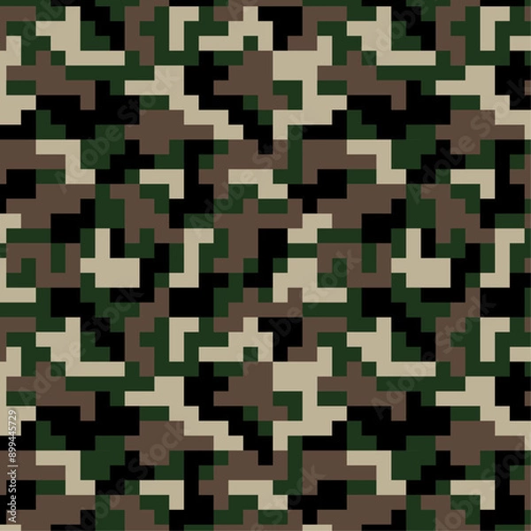 Fototapeta Camouflage seamless pattern for fabric print. digital pixel tiles. Woodland military textile. Modern camo uniform for war soldiers. Multicolor militaristic wallpaper. Vector design.