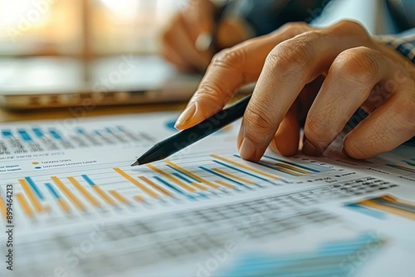 Fototapeta Close-up of hands analyzing financial data on paper with graphs and charts, highlighting business performance and market trends.