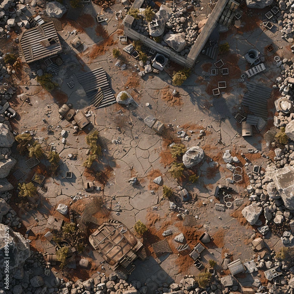 Fototapeta Post Apocalyptic  Battle Map  for RPG ,Map for Dungeons and Dragons,DnD map, Tabletop Role-Playing Games, Adventure Game Background, Top-Down View
