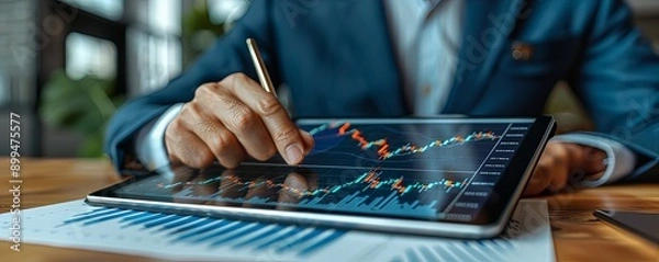 Fototapeta Business professional analyzing stock market data on a digital tablet with a stylus. Financial growth and market trends concept.