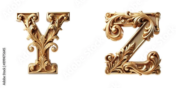 Fototapeta Ornate Vintage Letters Y and Z : Intricately designed golden letters Y and Z in a vintage style