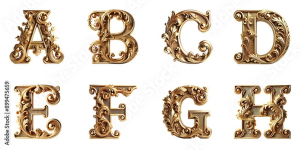 Fototapeta Ornate Vintage Letters A to H : Intricately designed golden letters A, B, C, D, E, F, G, and H in a vintage style
