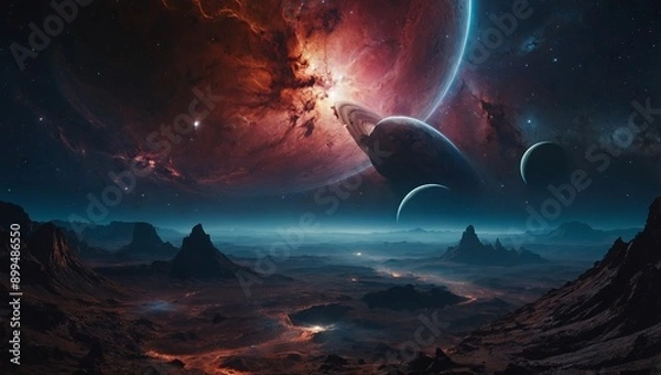 Fototapeta Cosmic landscape featuring a nebula and an alien planet