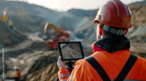 Fototapeta Construction Worker Using Tablet to Control Mining Equipment with Digital Map, Land Bridge in Background, construction worker, tablet, iPad, controlling equipment, digital map, layout, open landscape 