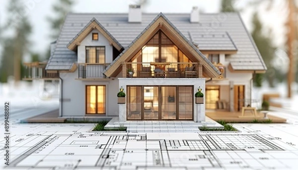 Fototapeta 3d blueprint of a house with isolated background 