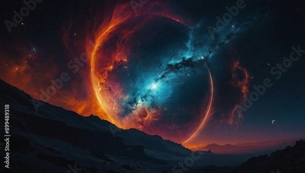 Fototapeta A vibrant, glowing nebula illuminating a barren moon
