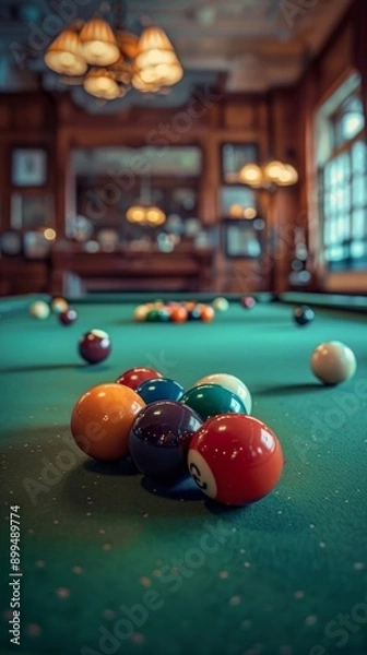 Fototapeta A cozy room with a billiards table, old-fashioned wood walls, and scattered balls invites a game in progress or about to begin.