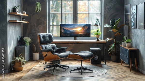 Fototapeta Modern Home Office Interior Design with Comfortable Leather Chair and Large Window Overlooking Nature, Featuring Stylish Decor and High-Tech Computer Setup
