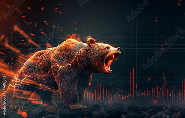 Obraz Stock market down trend, a bear market concept with stock chart digital numbers crisis red price drop arrow down chart fall / stock market bear finance risk trend investment , Roaring bear