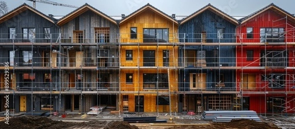 Fototapeta Construction Site of Modern Houses with Scaffolding