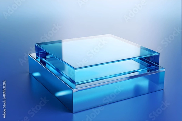 Fototapeta 3D display stand, glass podium with blue water background. 3D display stand with blue water white background, glass podium cosmetic product presentation. Blank copy space