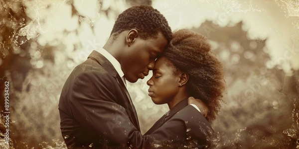 Fototapeta Intimate Embrace of Eternity: A pair of entwined lovers, wearing formal attire, embracing at a tasteful outdoor funeral