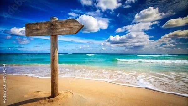 Fototapeta Weathered wooden signpost stands alone on a serene beach, surrounded by turquoise waves and a vast blue sky, evoking a sense of adventure and endless possibilities.
