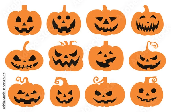 Fototapeta Halloween Pumpkin Cut Out Collection. Spooky Silhouettes with Eerie Lantern Faces. Vector Horror Illustration Isolated on Transparent Background for October Festivities and Decorations.