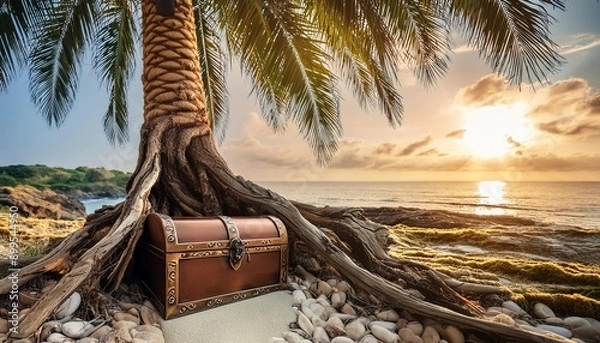 Fototapeta Hidden Treasures A treasure chest buried beneath the roots of an ancient palm tree on a deserted island.