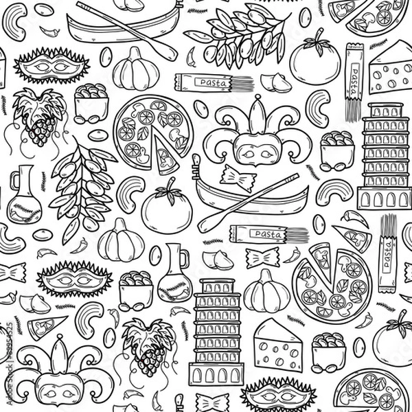 Fototapeta Seamless background with cartoon objects in hand drawn outline