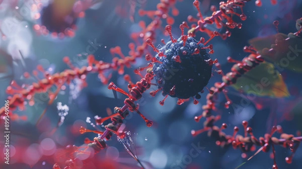Fototapeta A vivid depiction of a microscopic virus, with vibrant red spikes, surrounded by intricate branching structures.