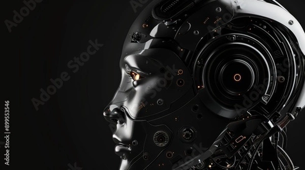 Fototapeta Close-up profile of a futuristic humanoid robot with glowing orange eyes and intricate mechanical details. Symbolizes AI innovation and advanced technology.