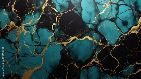 Fototapeta Abstract marble background, A dark black and turquoise blue marble pattern with gold veins.background, wallpaper.