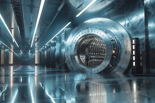 Fototapeta Massive bank vault doors wide open, symbolizing security, wealth, and access to valuable assets. The scene highlights the impressive structure and the importance of safeguarding financial resources.