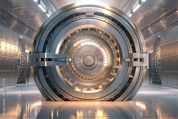 Fototapeta Massive bank vault doors wide open, symbolizing security, wealth, and access to valuable assets. The scene highlights the impressive structure and the importance of safeguarding financial resources.