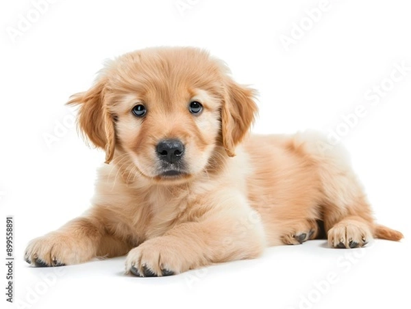 Fototapeta Adorable Golden Retriever Puppy Lying on Plain White Background