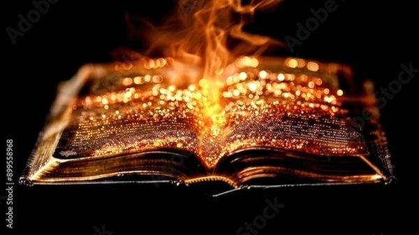 Fototapeta An enchanting book emits golden light and sparkles, symbolizing magic and knowledge in a captivating dark background.