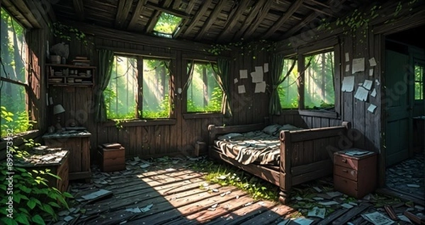 Obraz abandoned cabin house in the woods. wooden log lodge interior in the forest on a sunny summer day with sun rays through windows in nature.