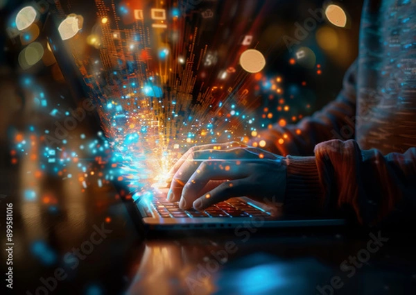 Fototapeta Digital Alchemy: Hands ignite innovation as a luminous code stream erupts from a laptop, symbolizing the transformative power of technology in a captivating close-up. 