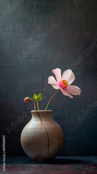 Fototapeta A single pink flower blooms in a rustic vase against a dark background, creating a minimalist and elegant still life.