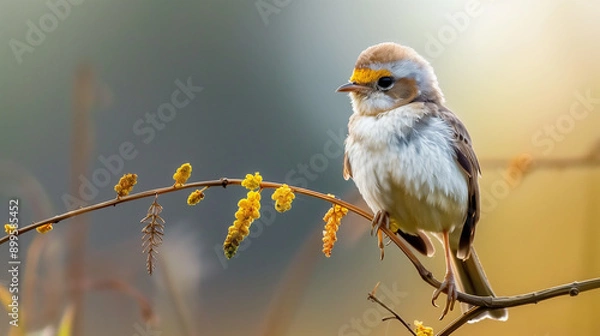 Fototapeta A small bird with a yellow beak perched on a branch with buds.  The bird is in focus with a soft, blurred background.