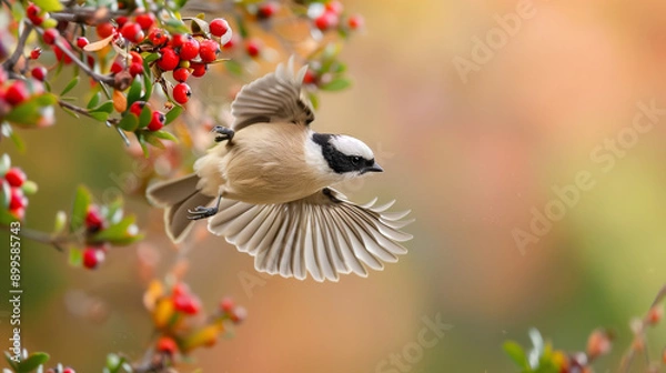 Fototapeta A small bird with black and white markings flies near red berries on a bush.