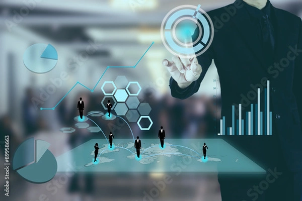 Obraz businessman pressing button show teamwork