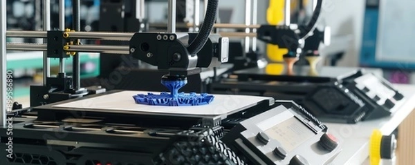 Fototapeta Close-up of a 3D printer in operation, creating a blue object.