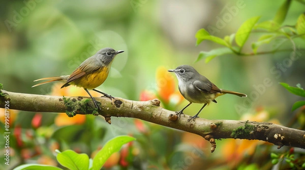 Fototapeta Two small birds perched on a branch, one facing the other, amidst lush green foliage.