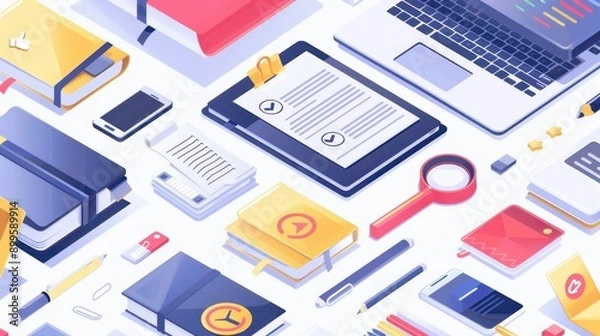 Obraz Collection of office supplies and electronic devices, including notebooks, pens, a tablet, and a laptop, arranged on a white background.