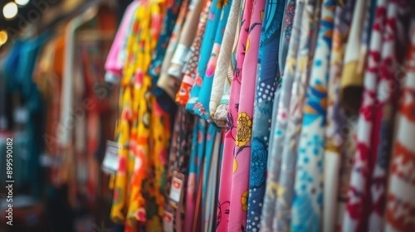 Fototapeta Colorful display of vibrant, patterned fabrics hanging in a row, perfect for use in fashion, design, or textile projects.