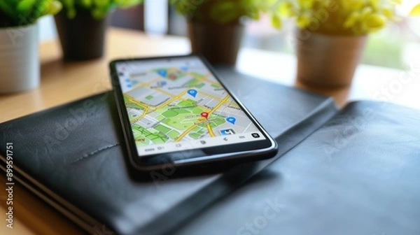 Obraz Smartphone Displaying Local SEO Optimization Map on Desk