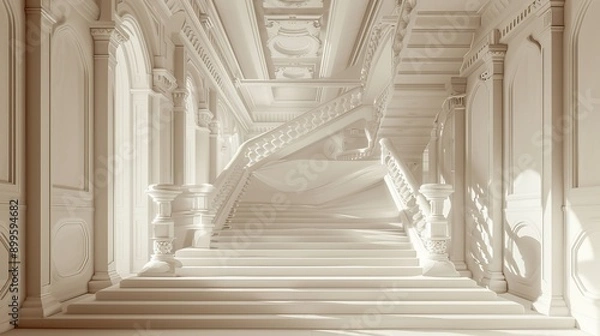 Fototapeta A grand, white staircase with ornate railings and columns in a stately hall.  Sunlight streams through the windows, illuminating the steps.