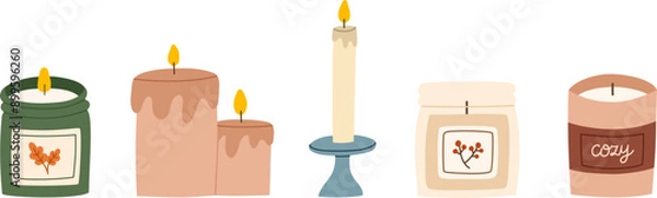 Fototapeta Various scented candles set. Collection of cozy aromatic candles. Aromatherapy and relaxation. Hand drawn flat vector illustration.