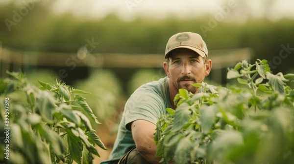 Fototapeta A dedicated farmer tending to lush green tomato plants in a sunlit field, showcasing the beauty of agriculture and hard work.