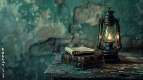 Fototapeta A vintage kerosene lamp illuminates a stack of old books on a rustic wooden table. The dim light creates a warm, cozy atmosphere.