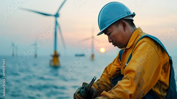 Fototapeta Offshore Wind Energy Engineer Dedicated professional wearing protective gear and helmet  standing amidst large wind turbines over the ocean symbolizing renewable energy and sustainable technology