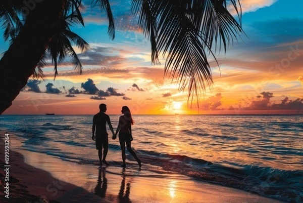 Obraz couple on the beach at sunset, generative ai